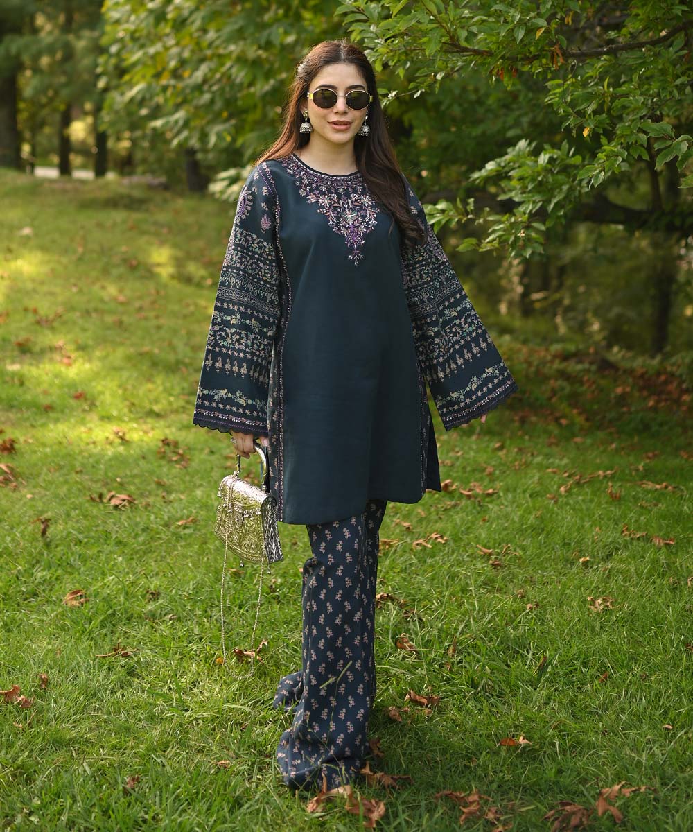 Women's Unstitched Light Khaddar Blue Embroidered 2 Piece Suit