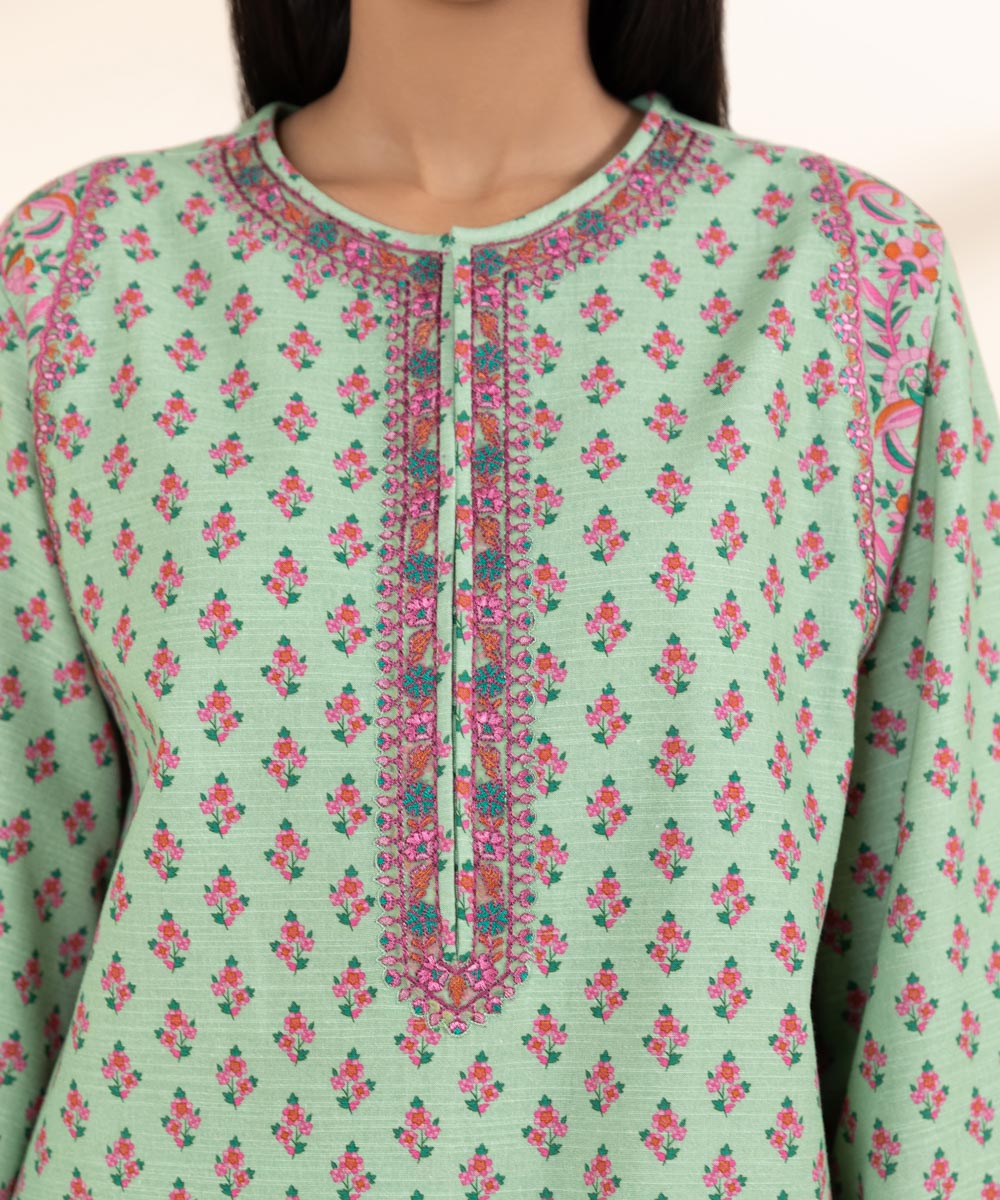 Women's Unstitched Light Khaddar Green Embroidered 2 Piece Suit