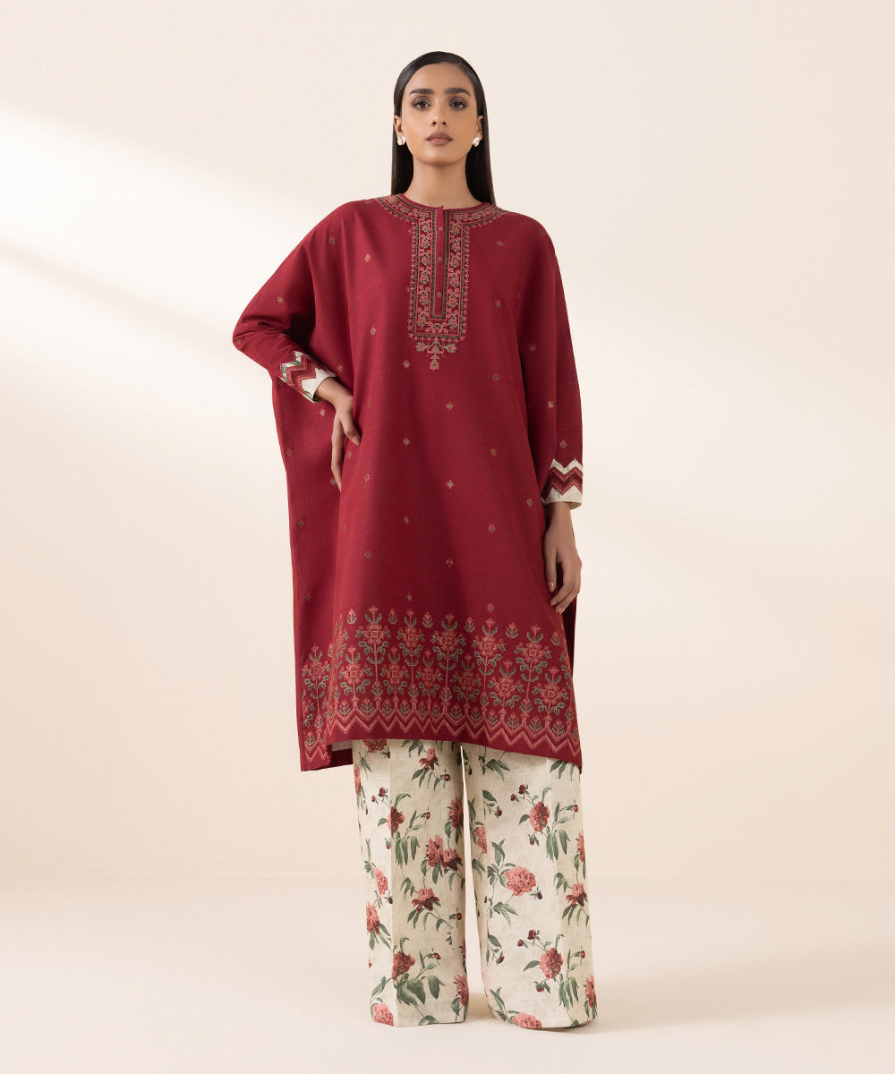 Women's Unstitched Khaddar Red Embroidered 2 Piece Suit