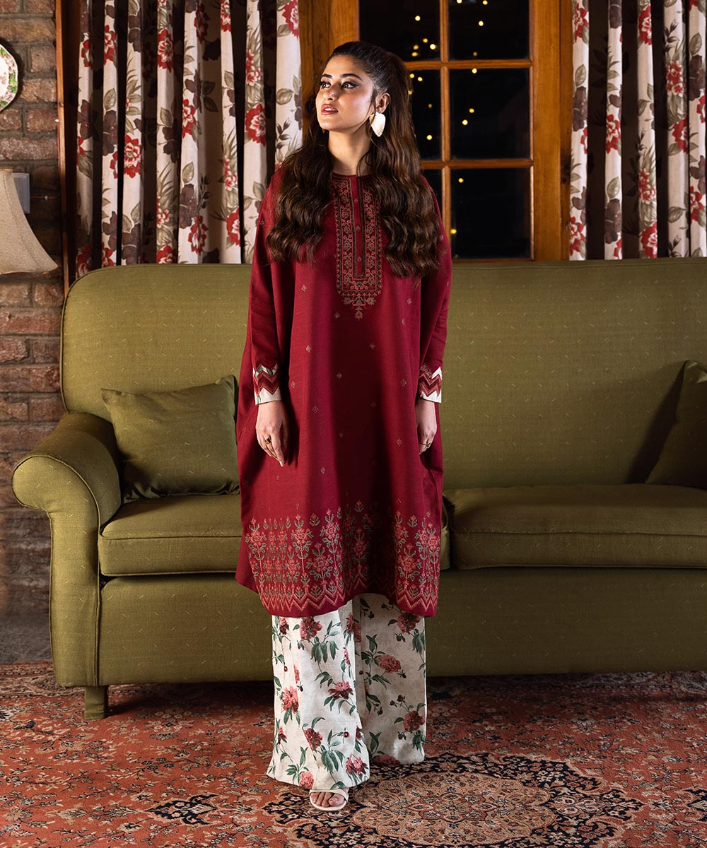 Women's Unstitched Khaddar Red Embroidered 2 Piece Suit