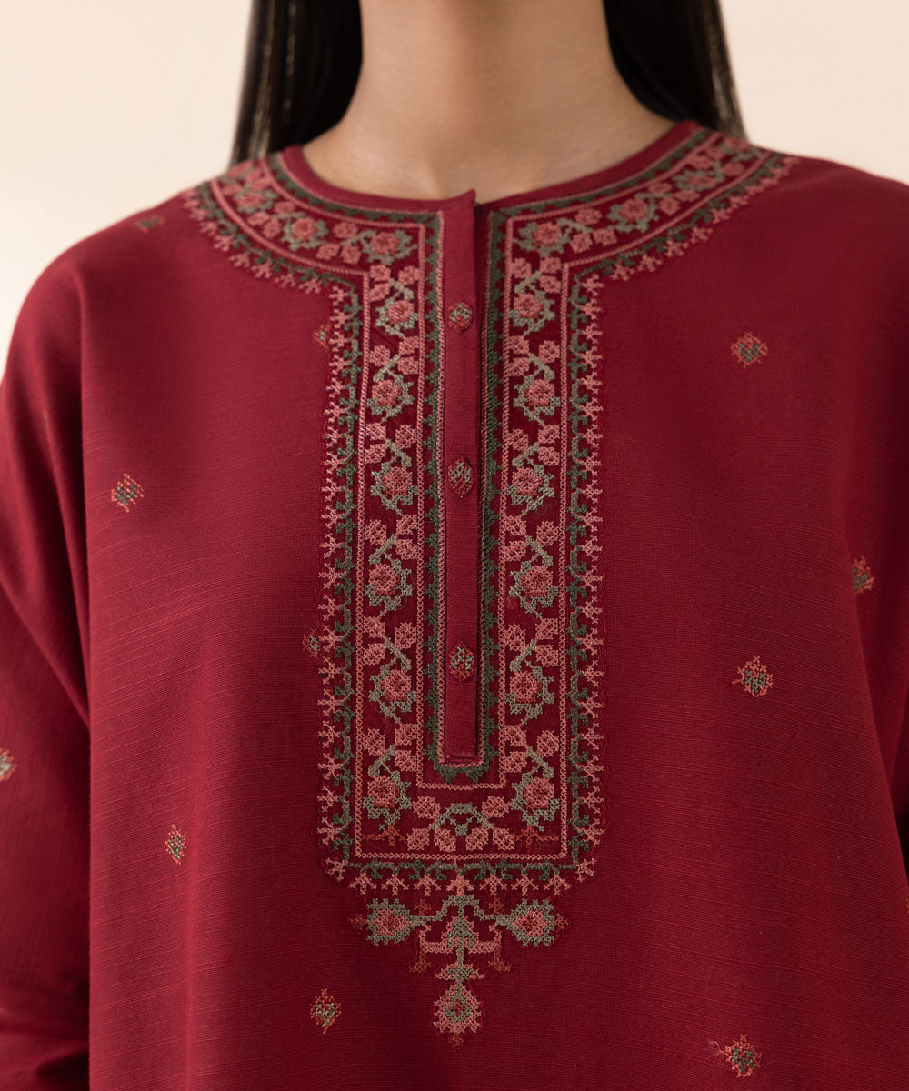 Women's Unstitched Khaddar Red Embroidered 2 Piece Suit