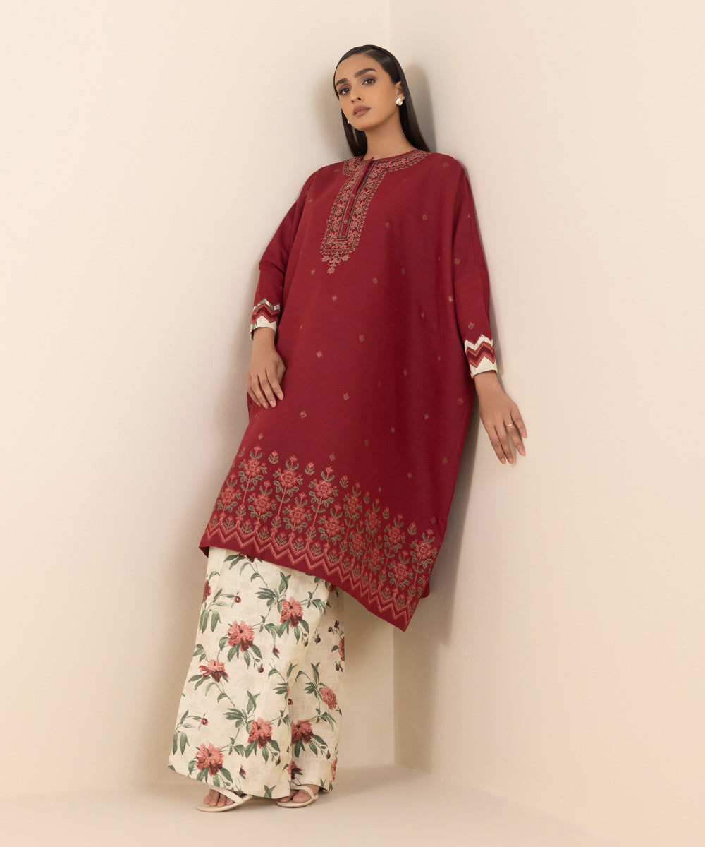 Women's Unstitched Khaddar Red Embroidered 2 Piece Suit