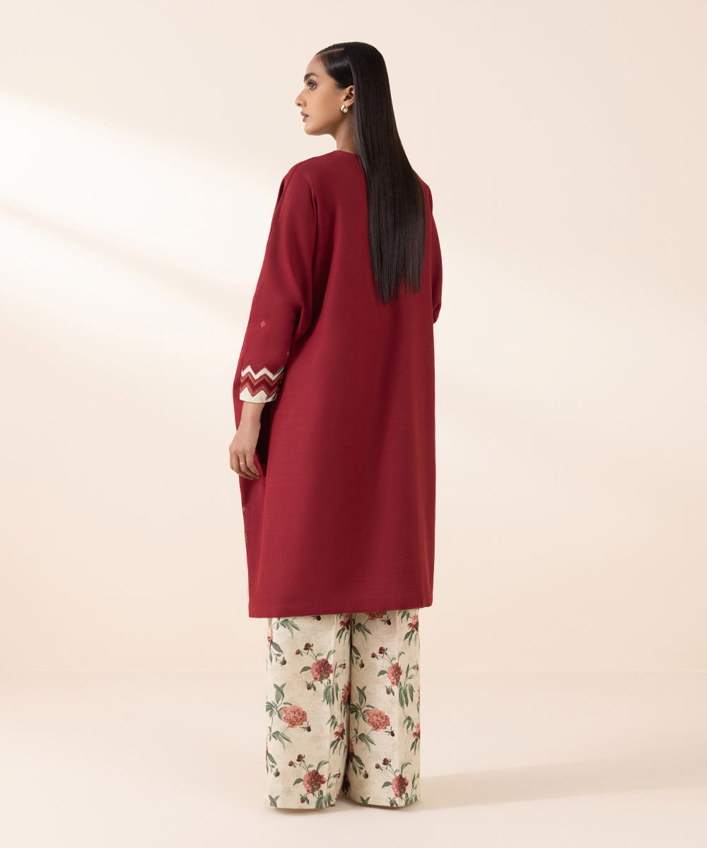 Women's Unstitched Khaddar Red Embroidered 2 Piece Suit