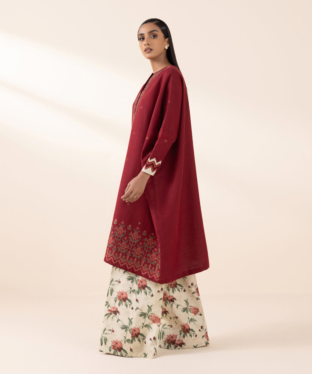 Women's Unstitched Khaddar Red Embroidered 2 Piece Suit