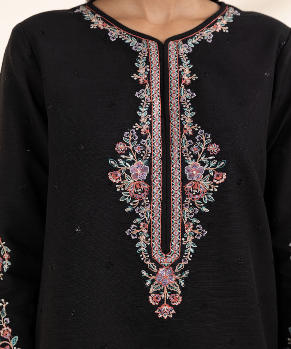 Women's Unstitched Khaddar Black Embroidered 2 Piece Suit