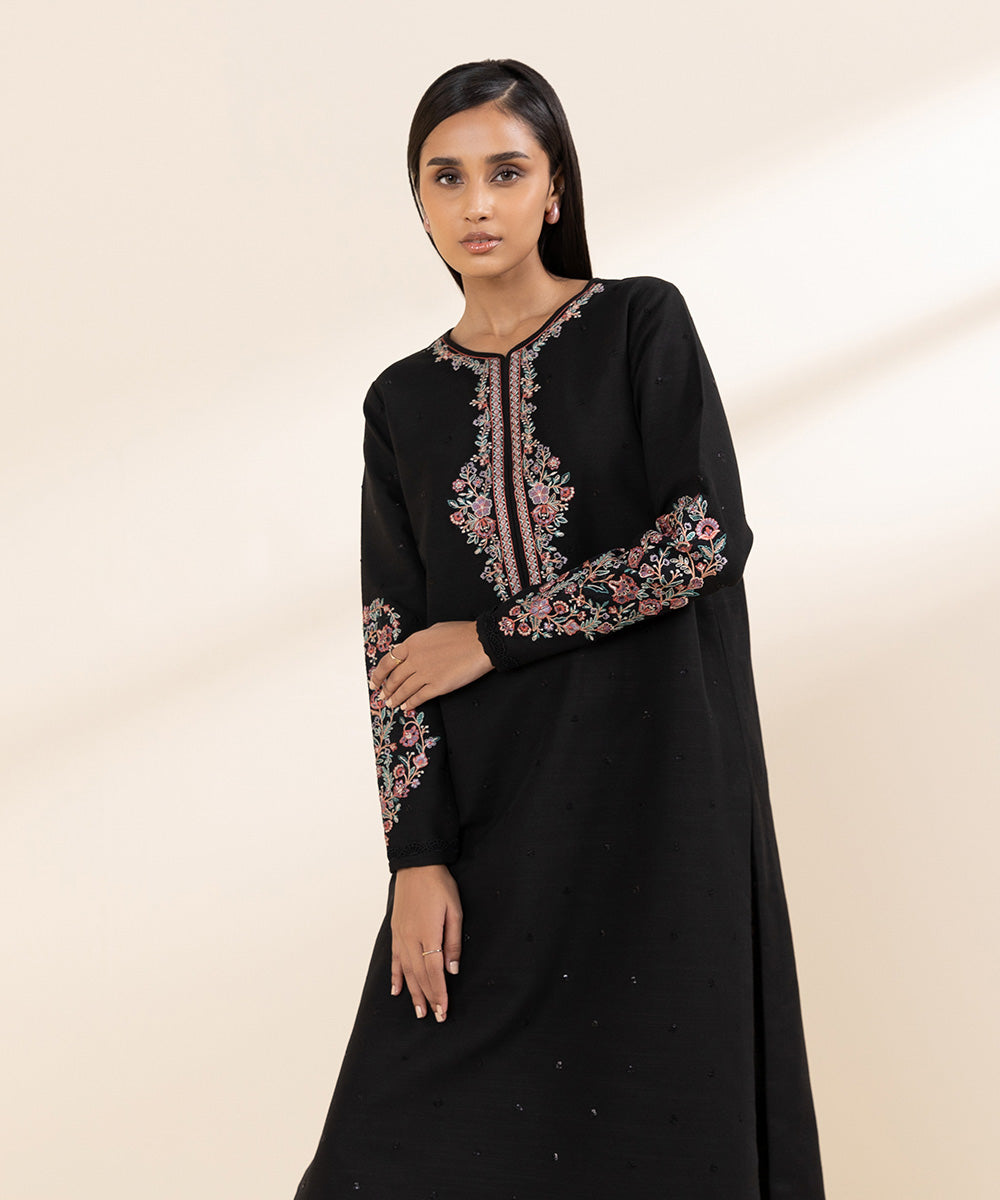 Women's Unstitched Khaddar Black Embroidered 2 Piece Suit