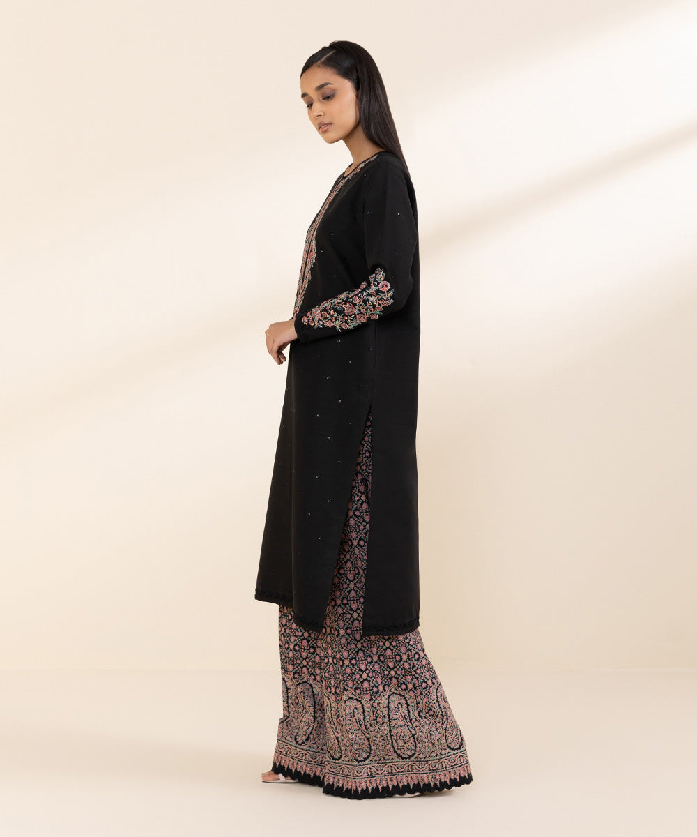 Women's Unstitched Khaddar Black Embroidered 2 Piece Suit