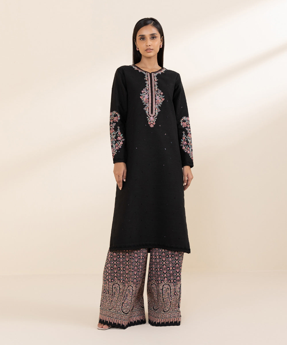 Women's Unstitched Khaddar Black Embroidered 2 Piece Suit