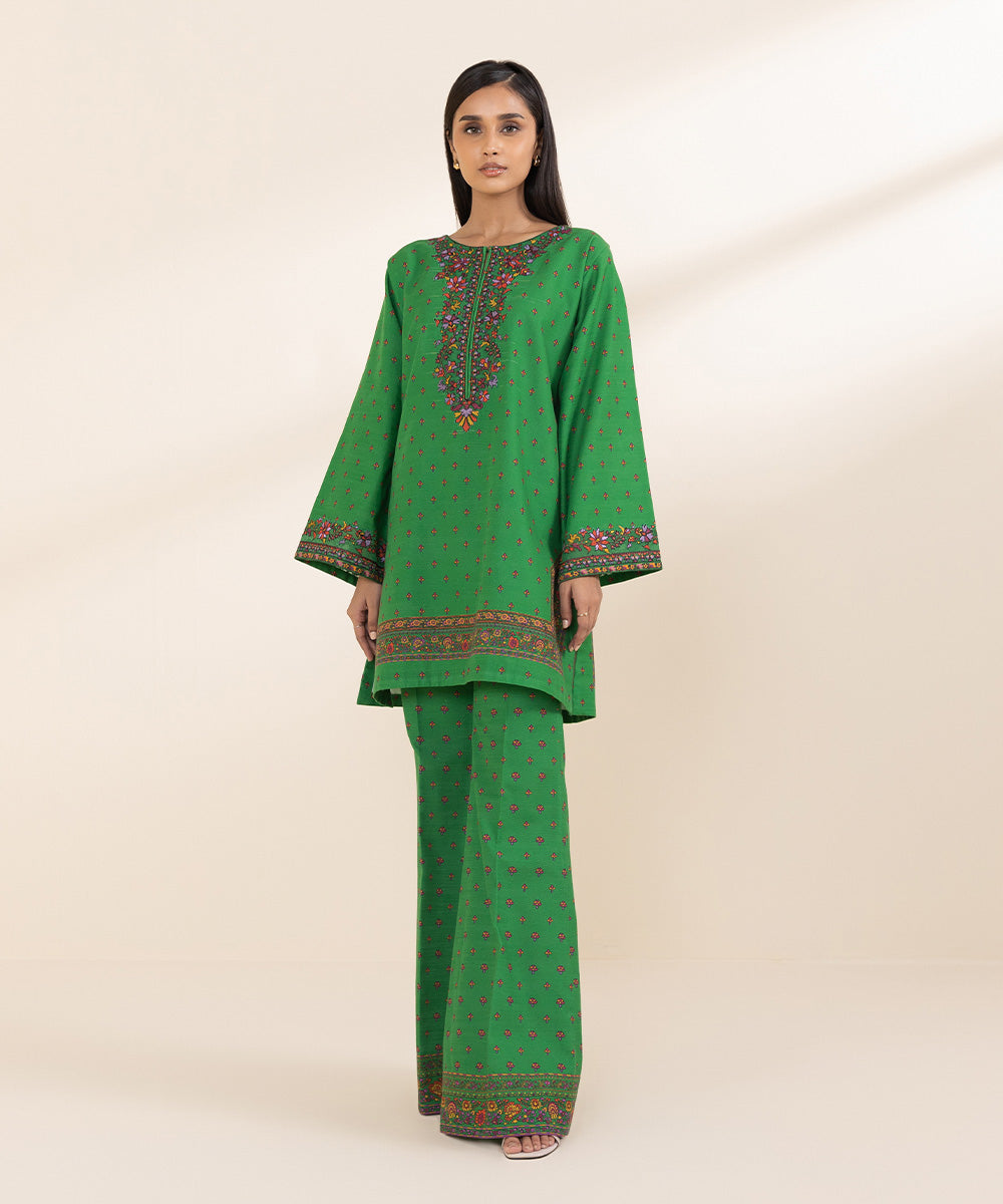 Women's Unstitched Khaddar Green Embroidered 2 Piece Suit