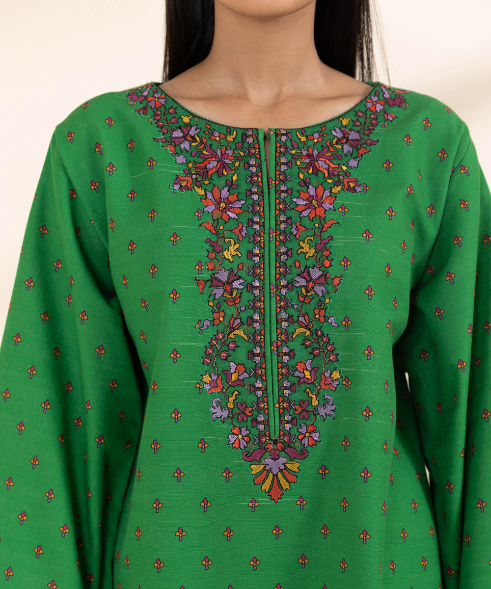 Women's Unstitched Khaddar Green Embroidered 2 Piece Suit