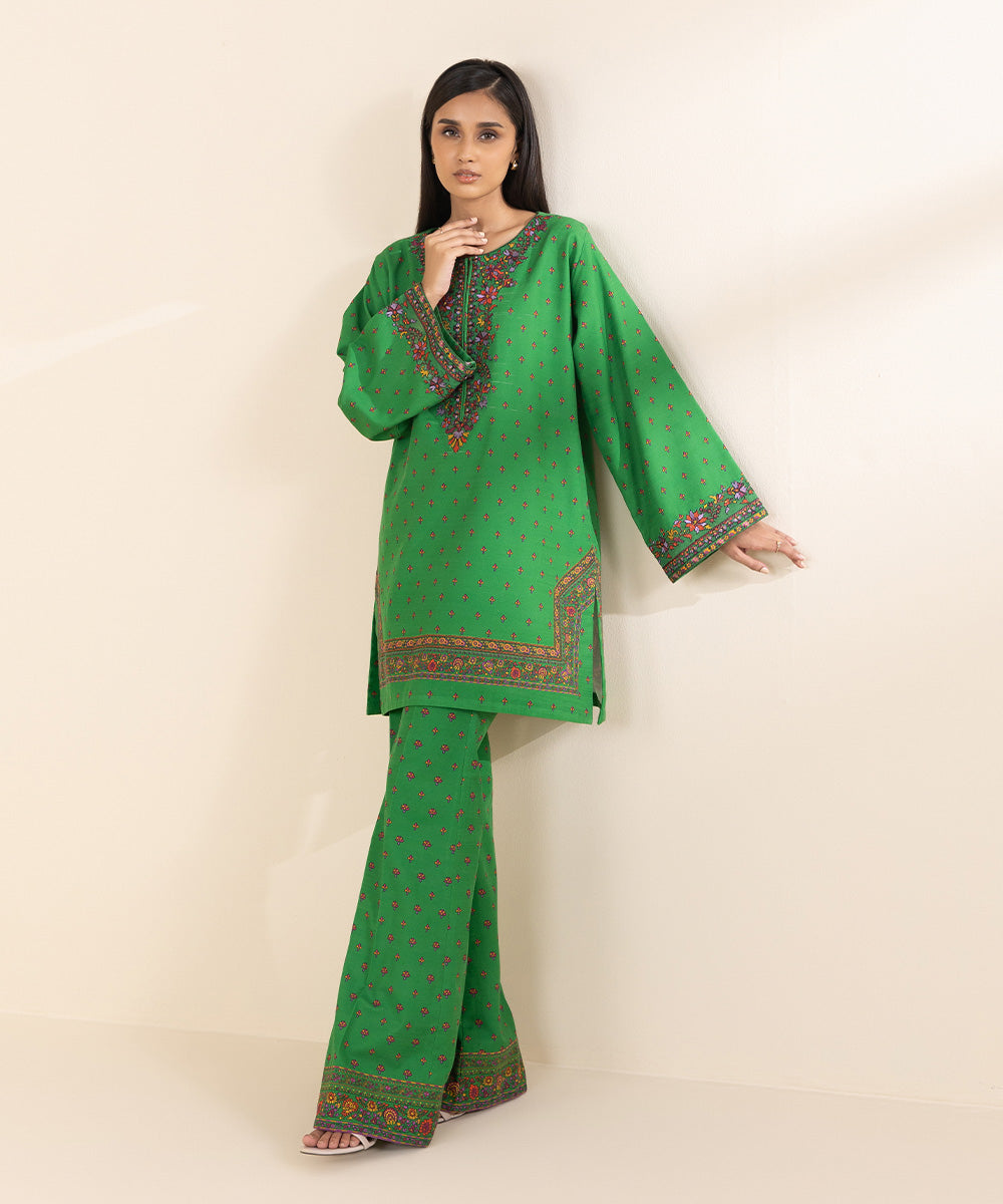 Women's Unstitched Khaddar Green Embroidered 2 Piece Suit