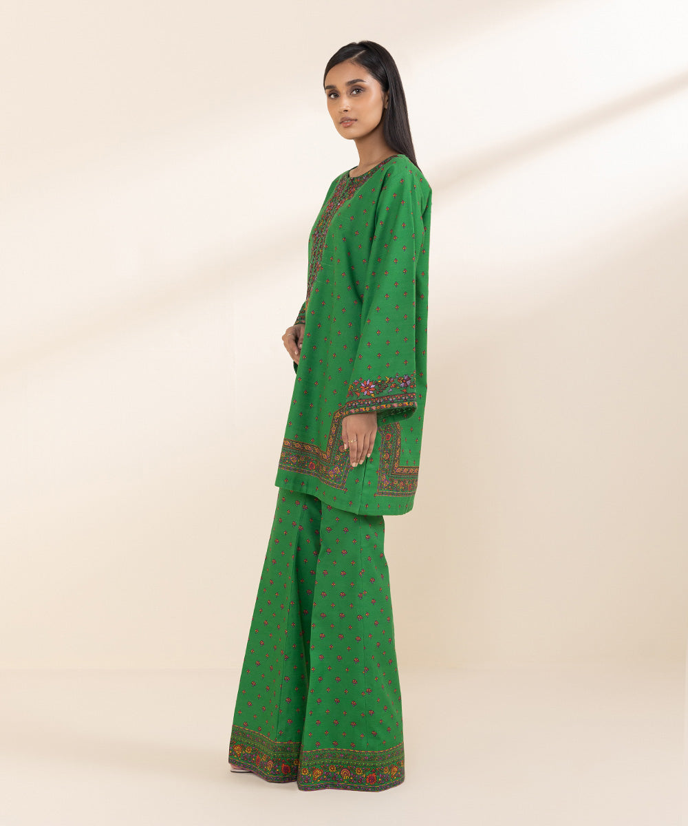 Women's Unstitched Khaddar Green Embroidered 2 Piece Suit