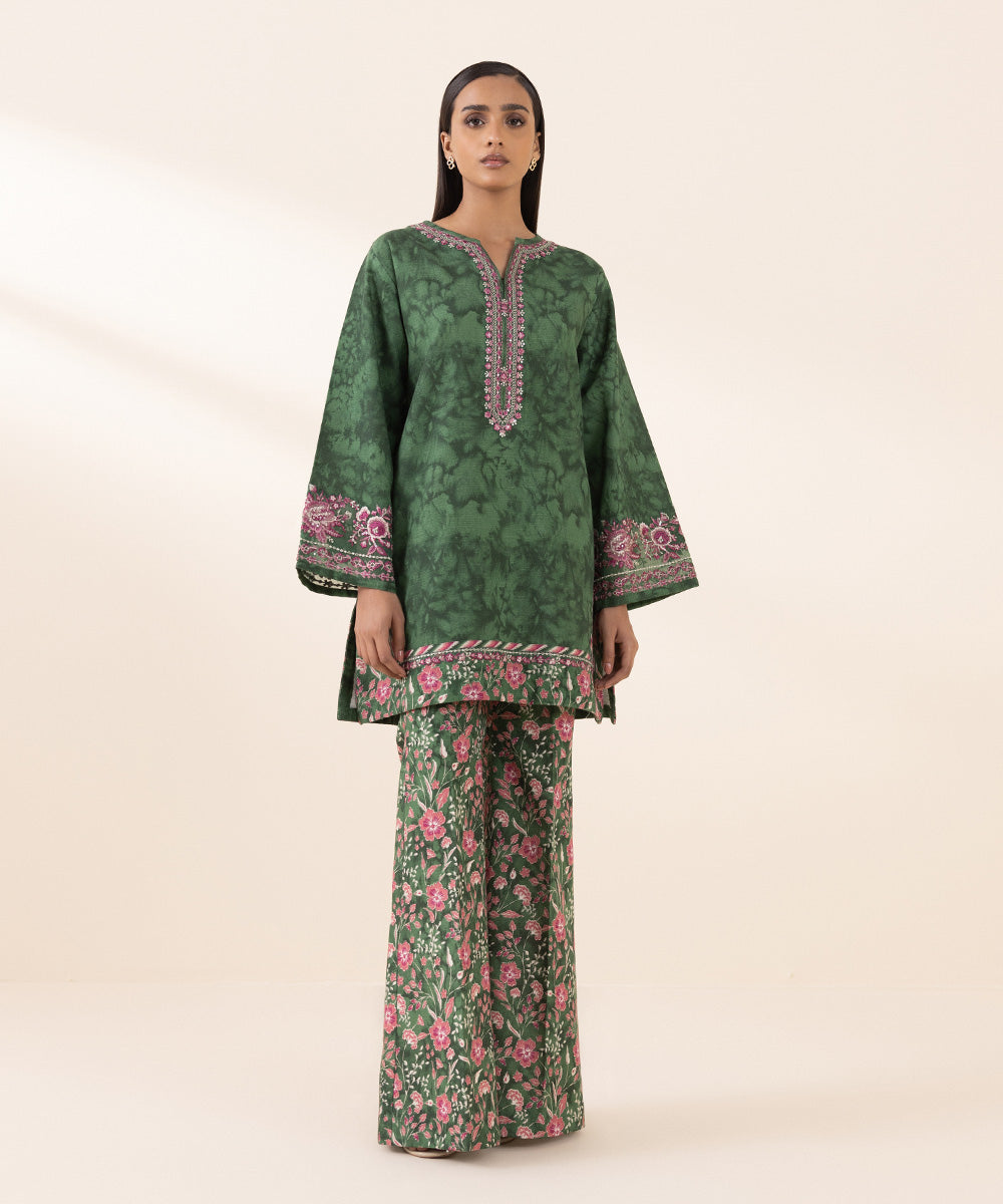 Women's Unstitched Cross Hatch Green Embroidered 2 Piece Suit