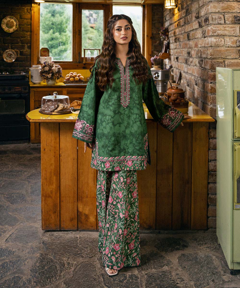 Women's Unstitched Cross Hatch Green Embroidered 2 Piece Suit