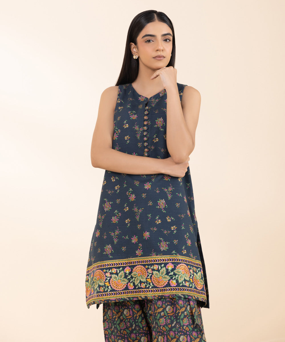 Women's Unstitched Khaddar Embroidered Blue 2 Piece Suit