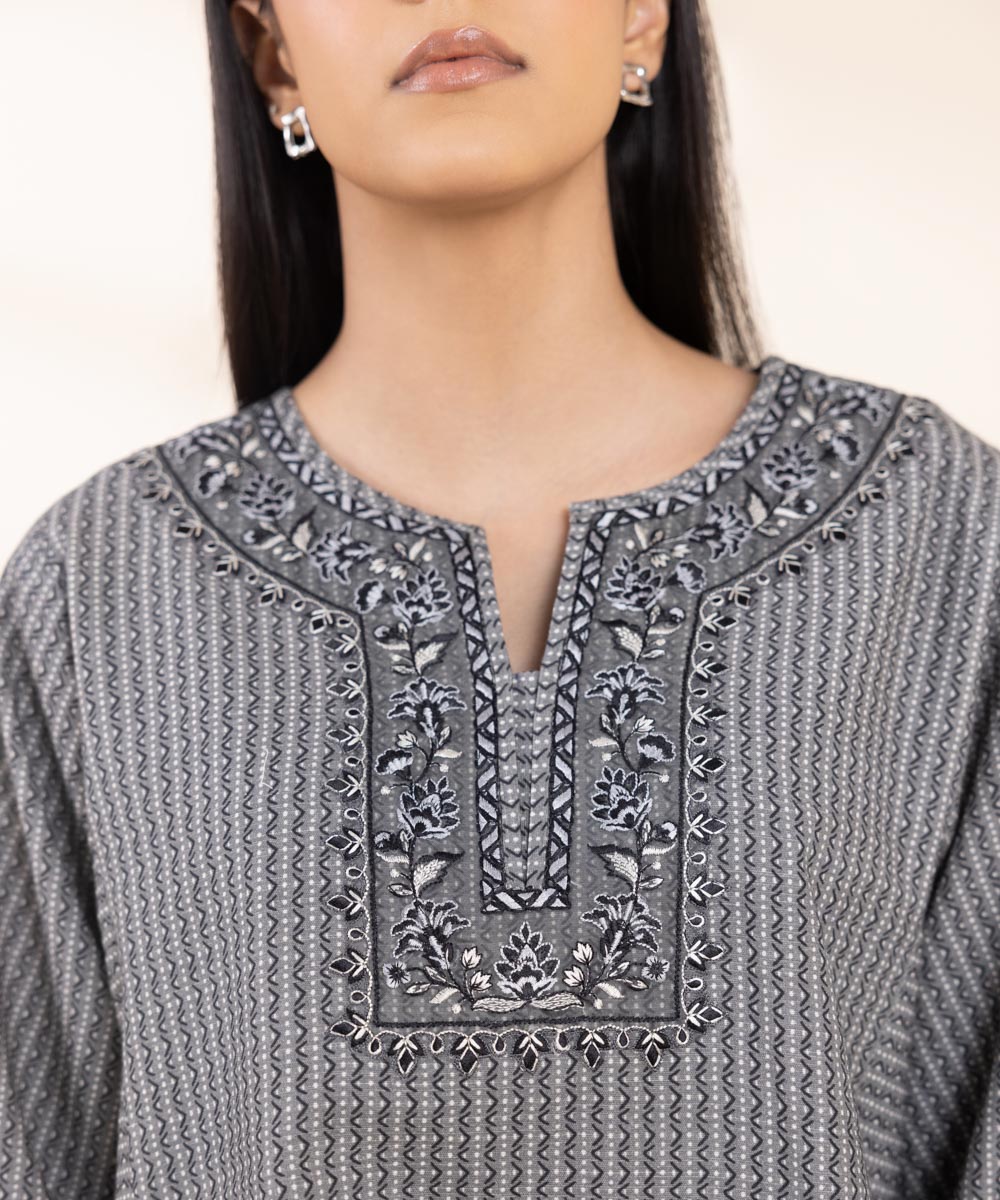 Women's Unstitched Khaddar Embroidered Grey 2 Piece Suit