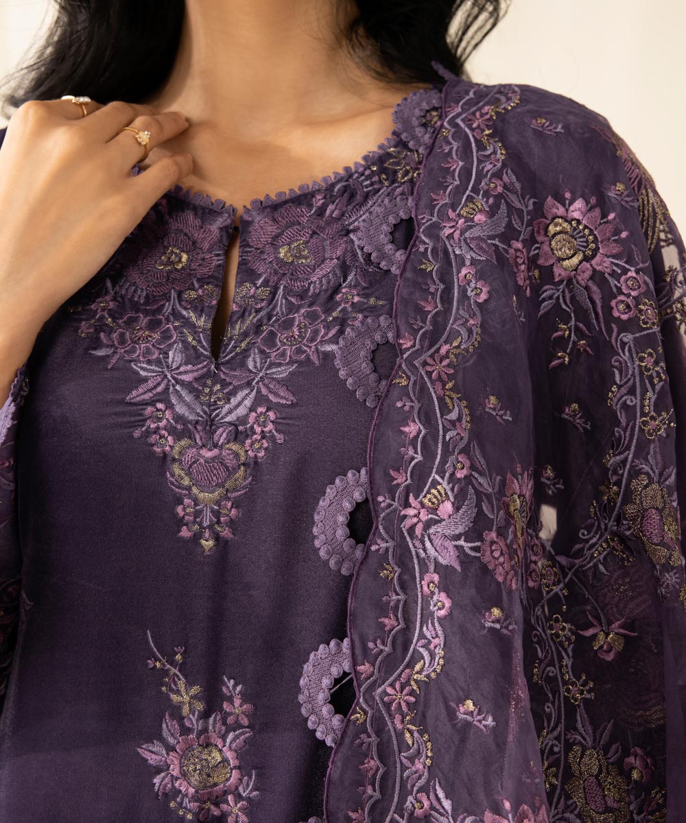 Festive Women's Unstitched Velvet Purple 3 Piece Suit