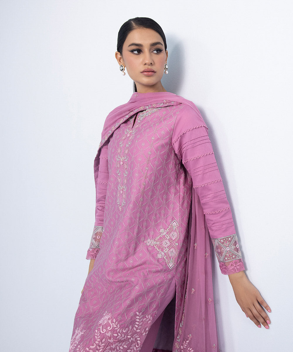 Women's Winter Unstitched Embroidered Fine Cotton Satin Pink 3 Piece Suit