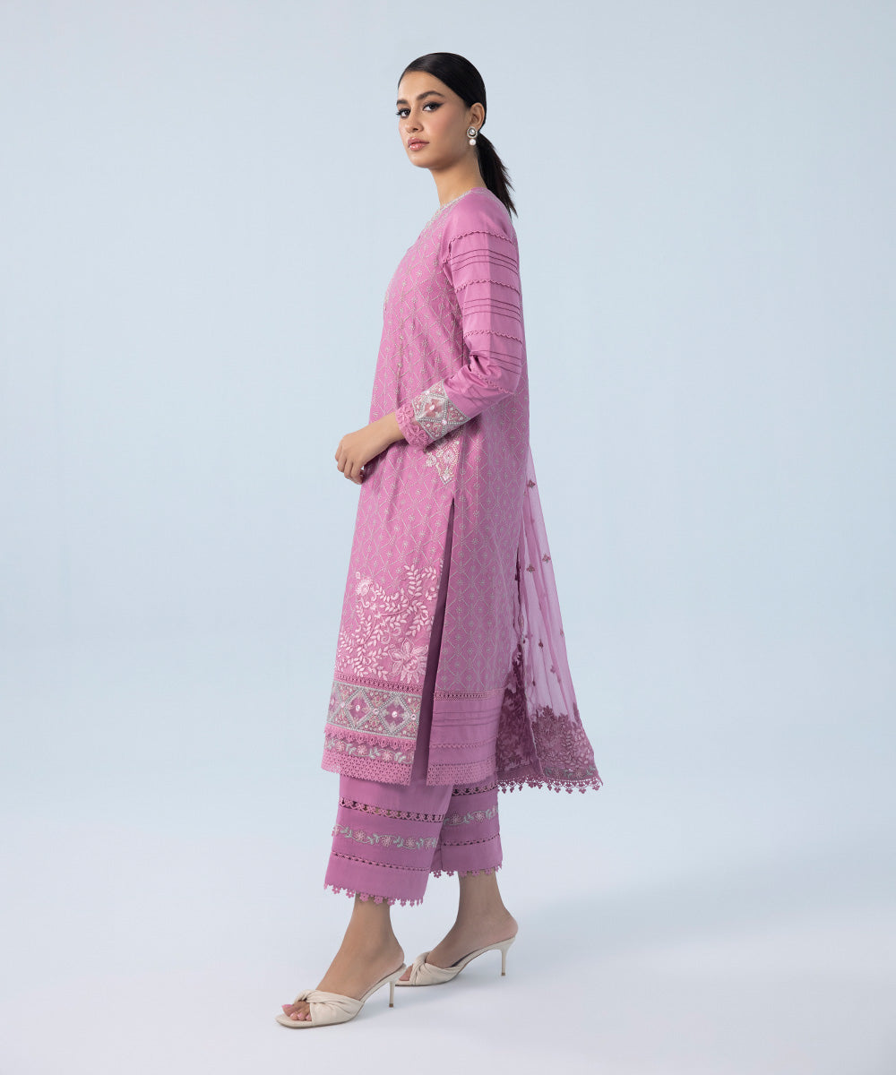 Women's Winter Unstitched Embroidered Fine Cotton Satin Pink 3 Piece Suit