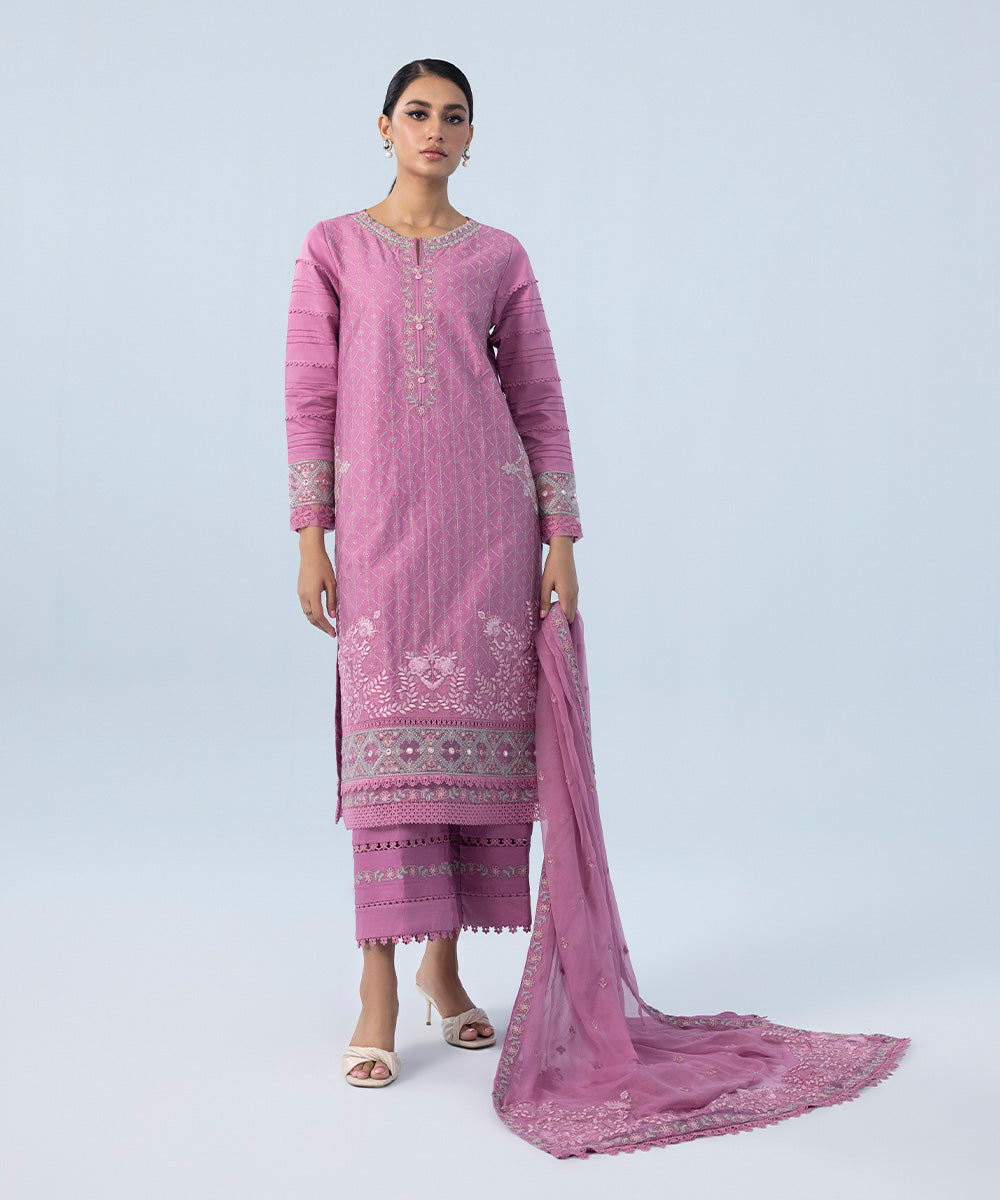 Women's Winter Unstitched Embroidered Fine Cotton Satin Pink 3 Piece Suit