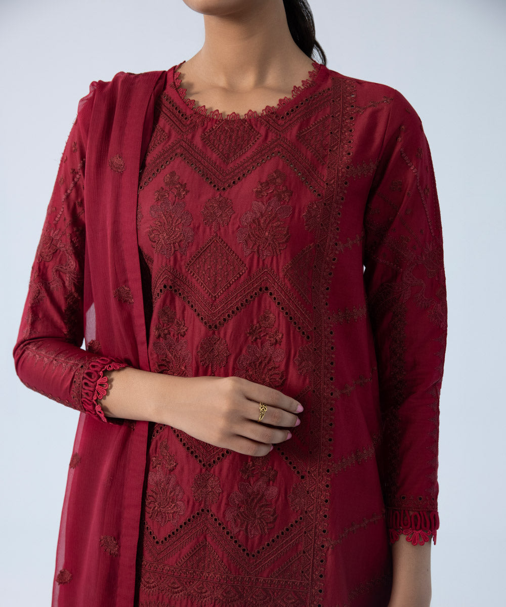 Women's Winter Unstitched Embroidered Fine Cotton Satin Red 3 Piece Suit