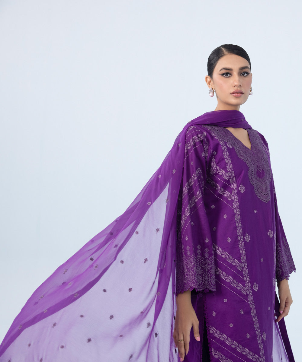 Women's Winter Unstitched Embroidered Fine Cotton Satin Purple 3 Piece Suit