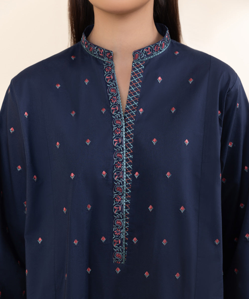 Women's Unstitched Cambric Blue Embroidered 3 Piece Suit