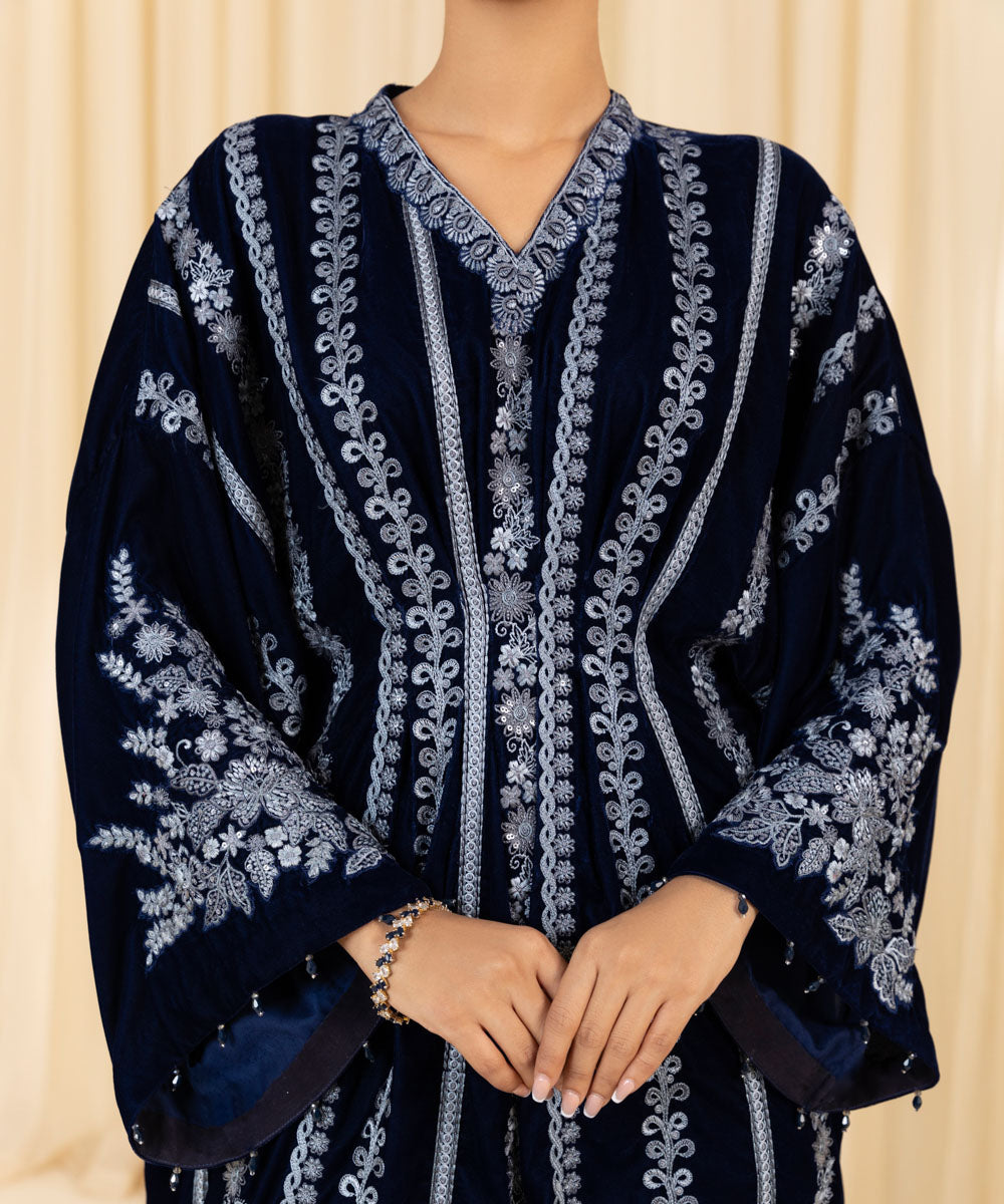 Women's Unstitched Embroidered Velvet Blue 2 Piece Suit