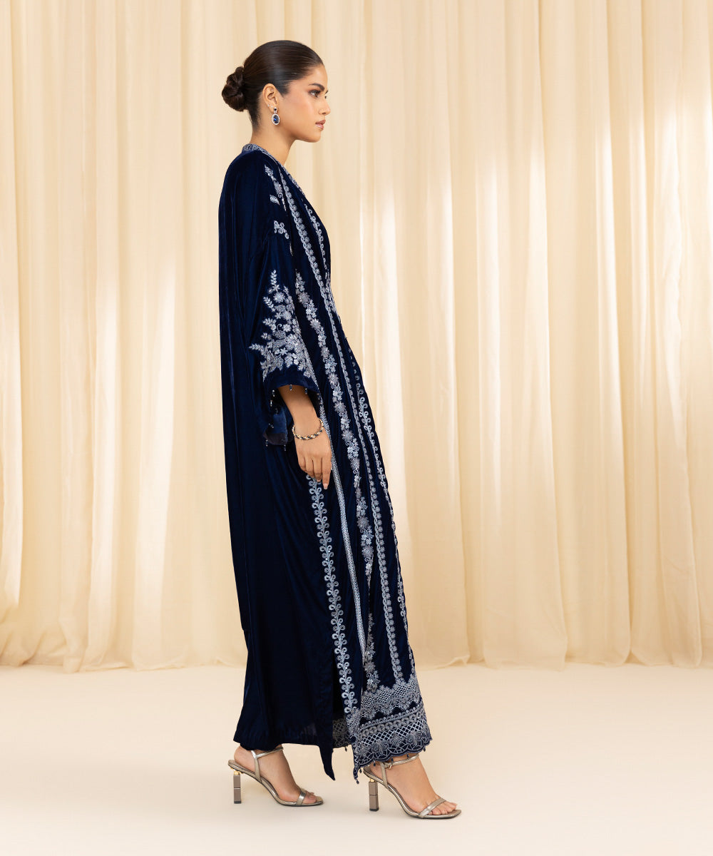 Women's Unstitched Embroidered Velvet Blue 2 Piece Suit