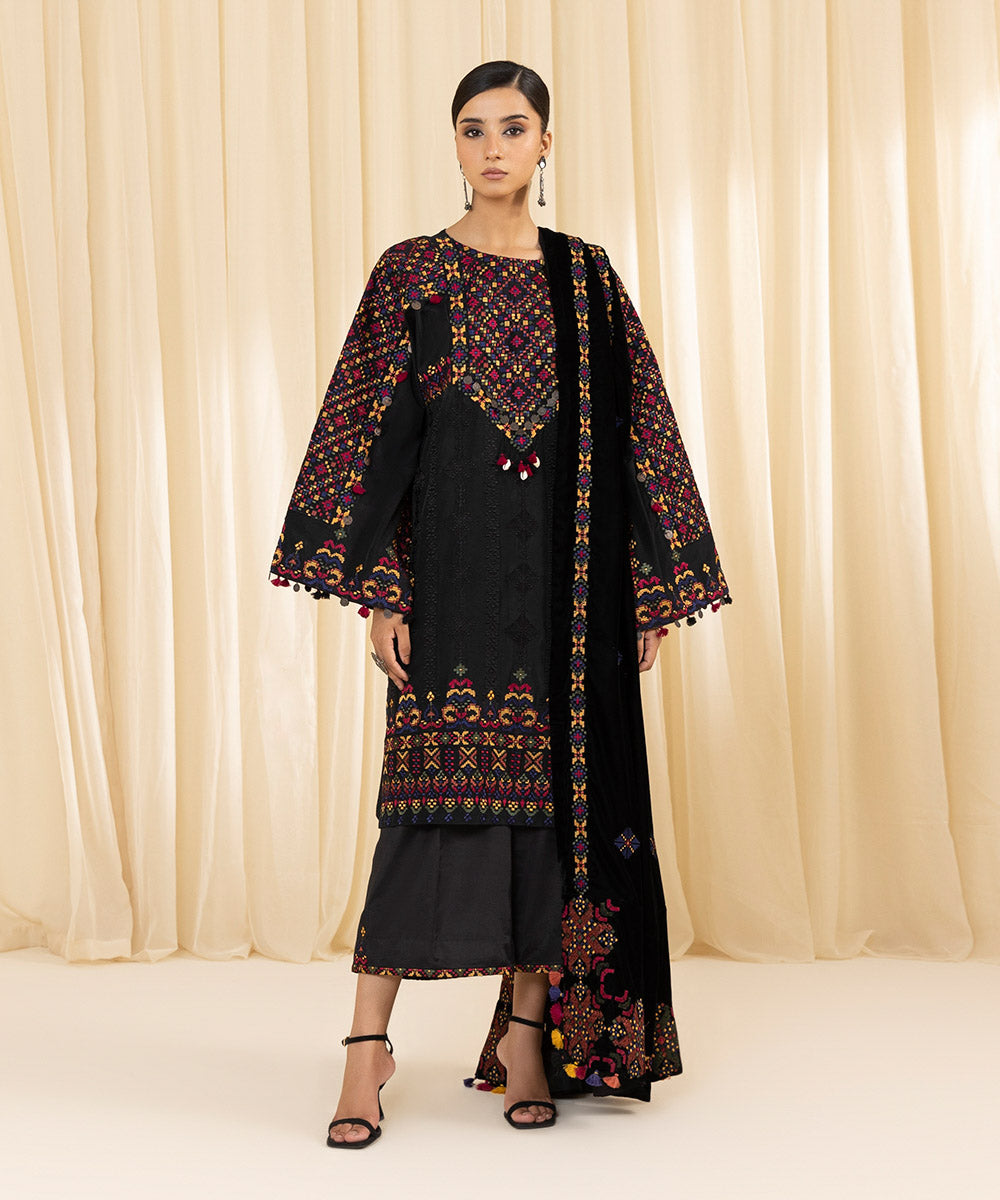 Women's Unstitched Embroidered Viscose Raw Silk Black 3 Piece Suit