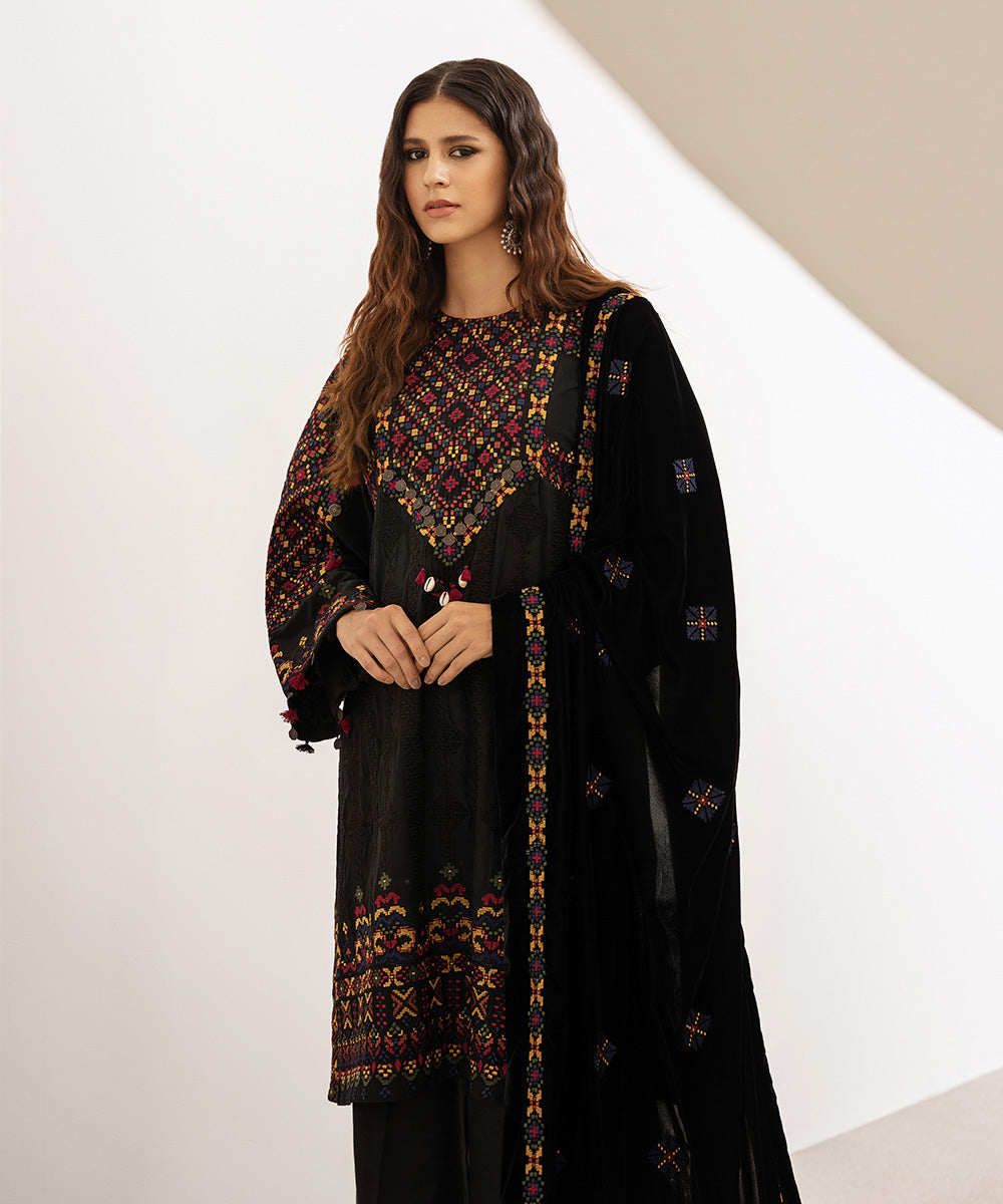 Women's Unstitched Embroidered Viscose Raw Silk Black 3 Piece Suit