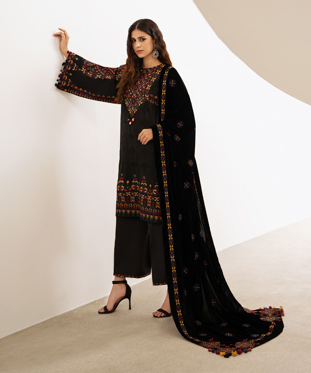 Women's Unstitched Embroidered Viscose Raw Silk Black 3 Piece Suit