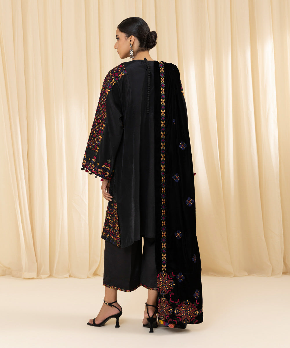 Women's Unstitched Embroidered Viscose Raw Silk Black 3 Piece Suit