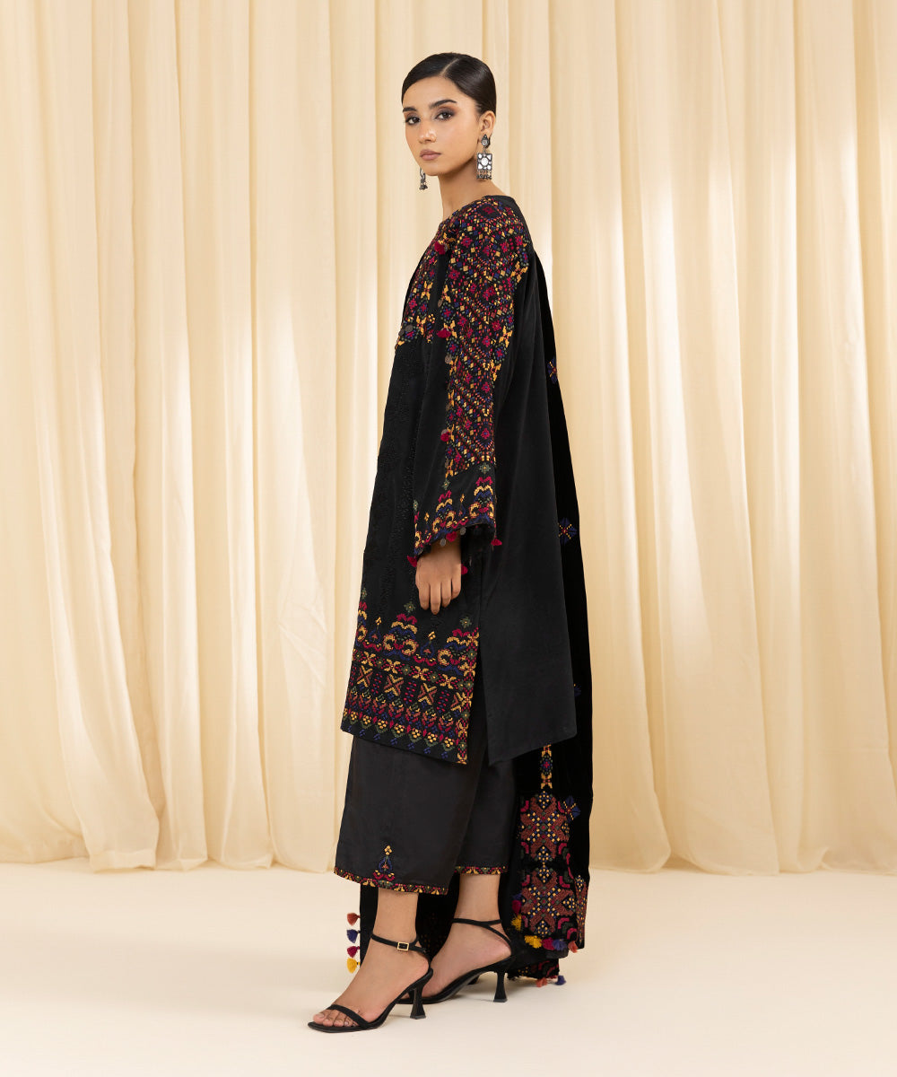 Women's Unstitched Embroidered Viscose Raw Silk Black 3 Piece Suit