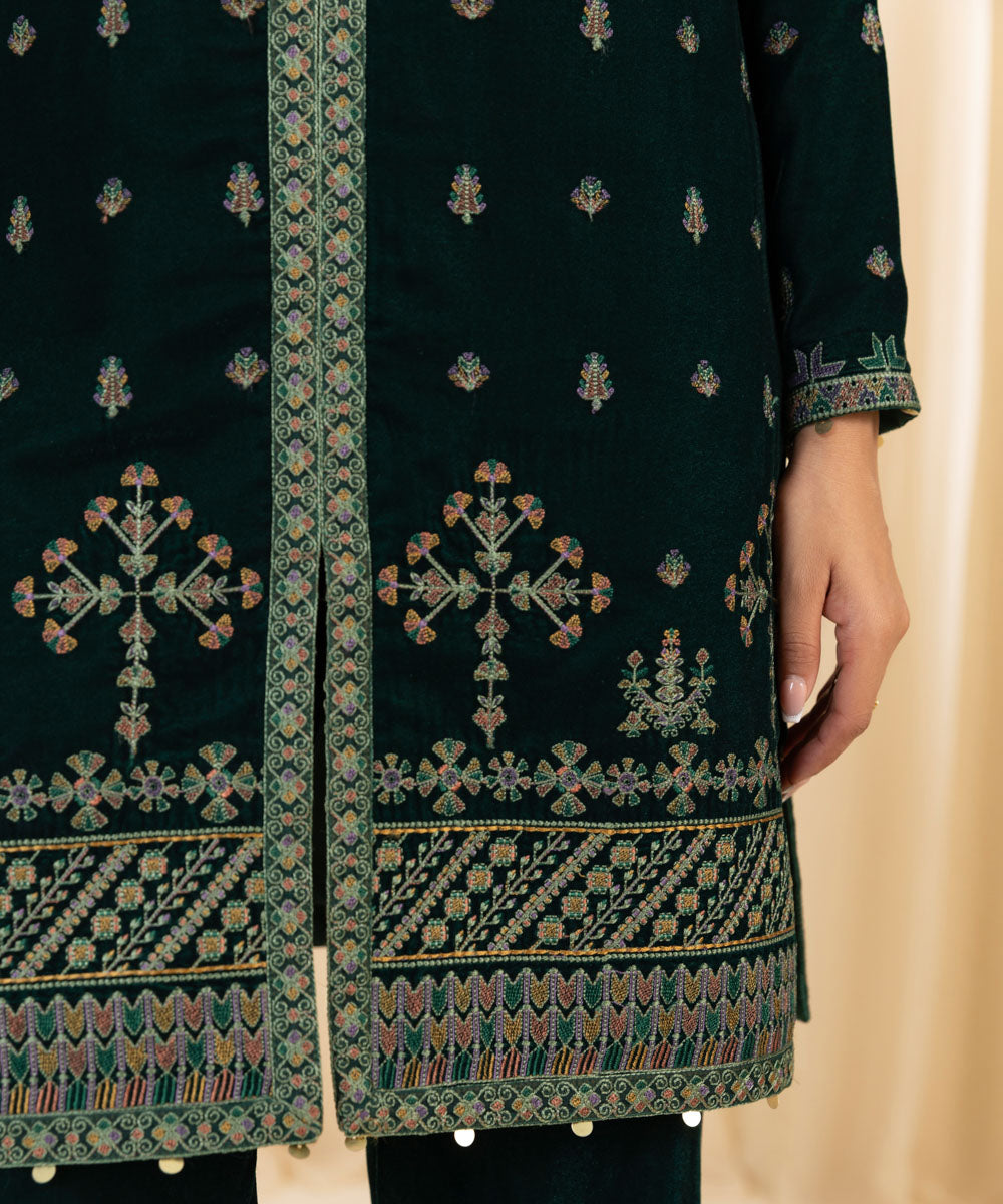 Women's Unstitched Embroidered Velvet Green 2 Piece Suit