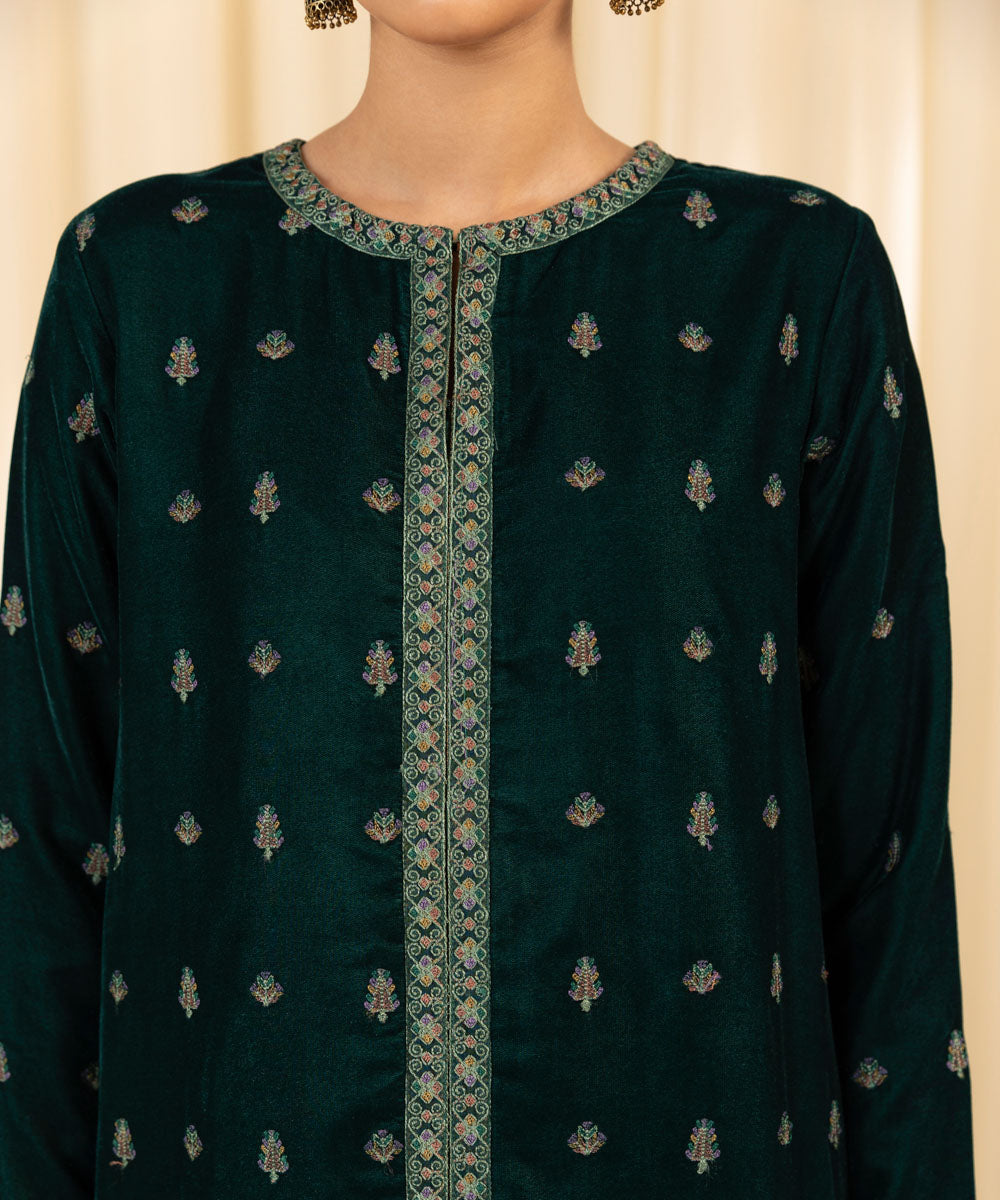 Women's Unstitched Embroidered Velvet Green 2 Piece Suit