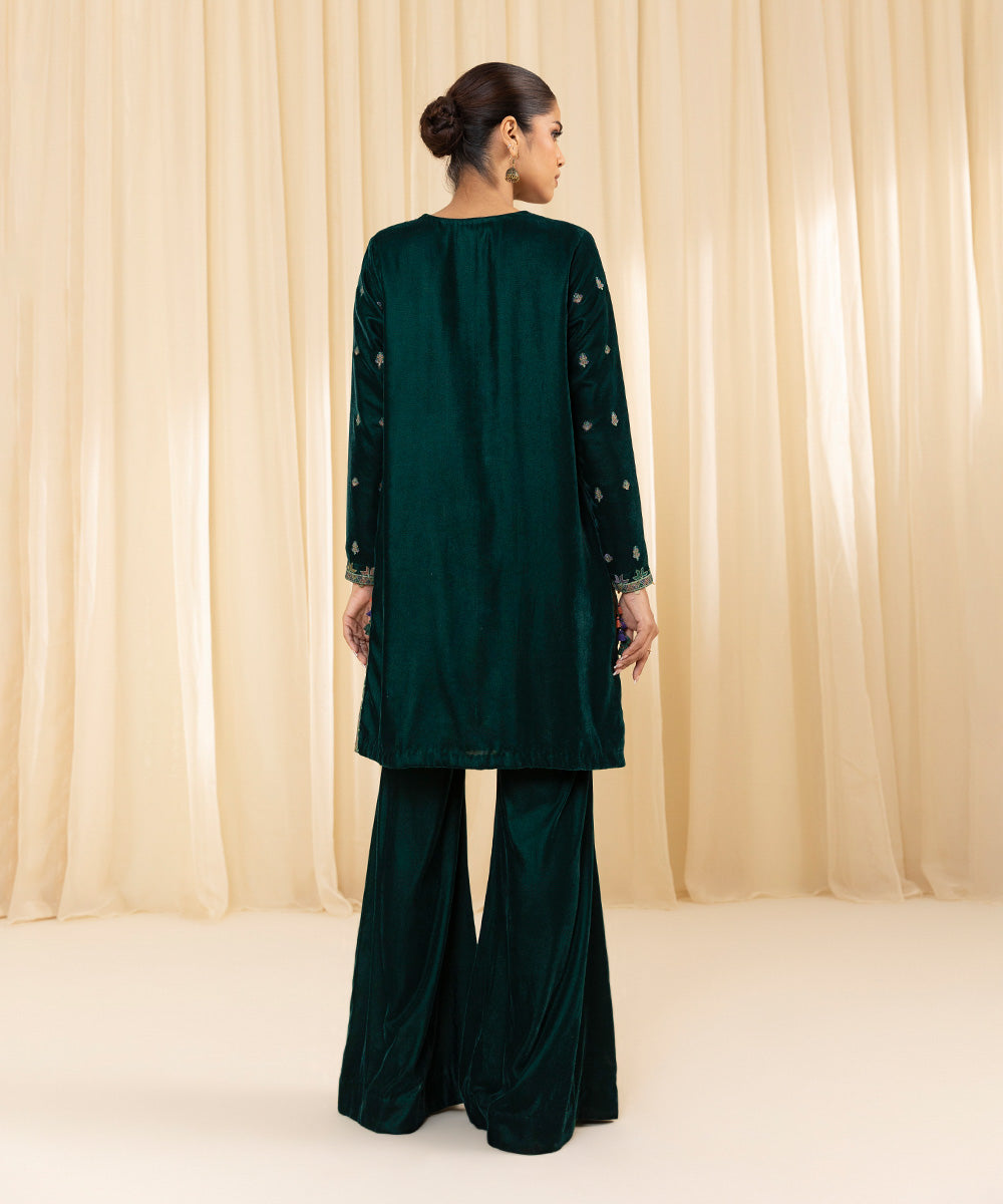 Women's Unstitched Embroidered Velvet Green 2 Piece Suit