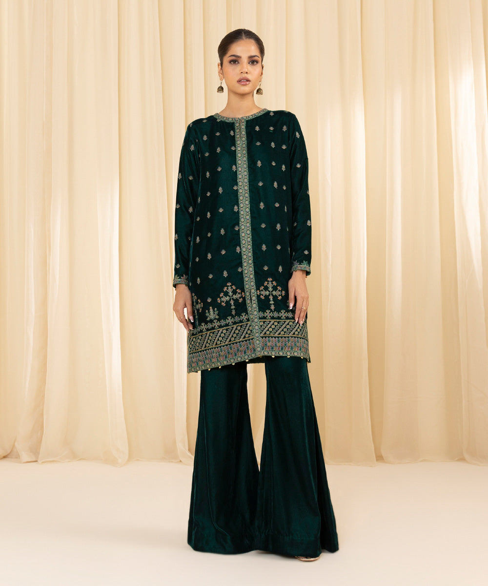 Women's Unstitched Embroidered Velvet Green 2 Piece Suit