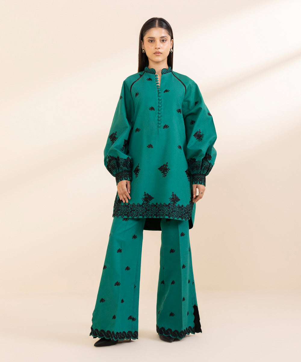 Women's Unstitched Embroidered Turquoise Fine Cotton Satin Shirt Trousers