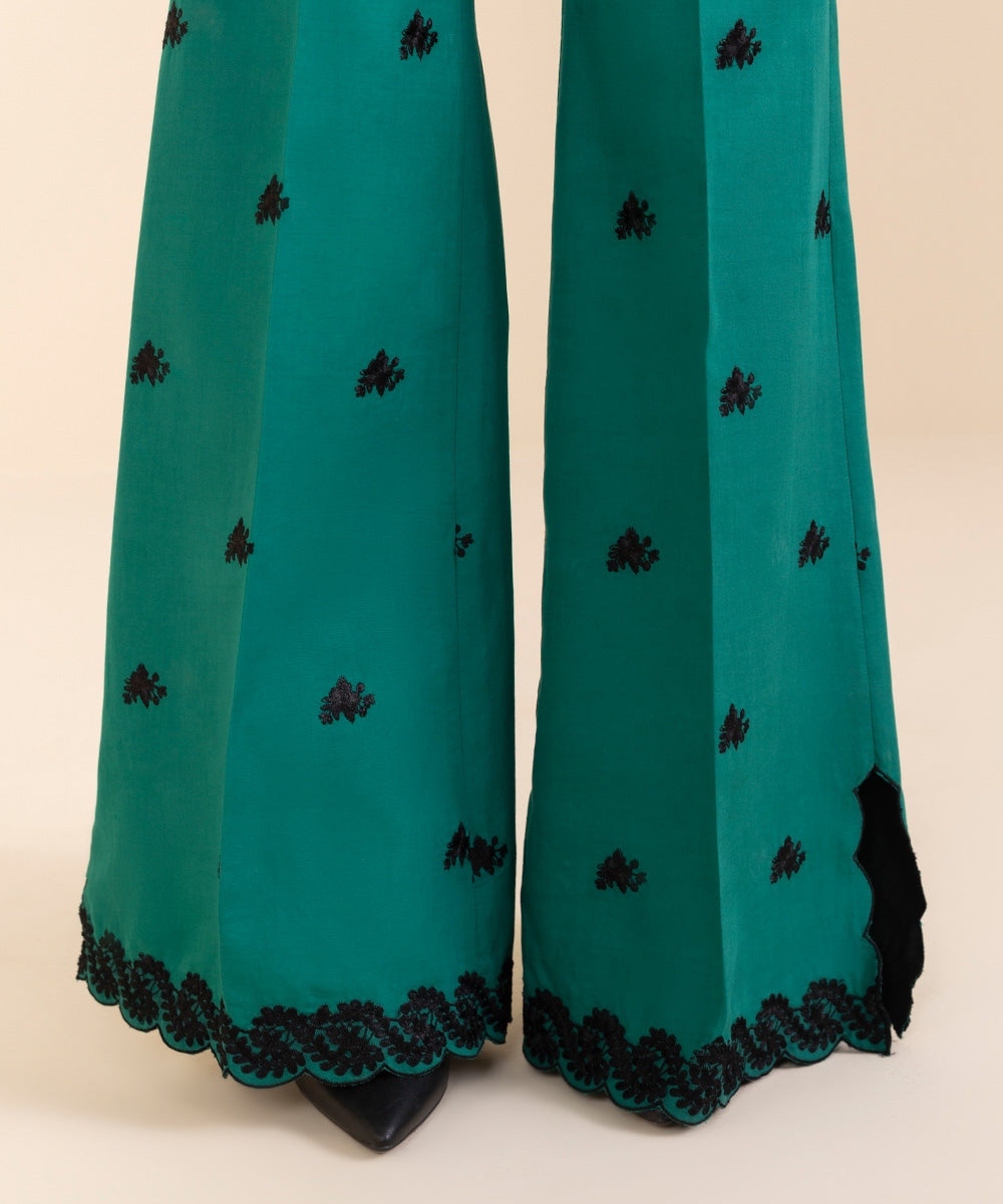 Women's Unstitched Embroidered Turquoise Fine Cotton Satin Shirt Trousers