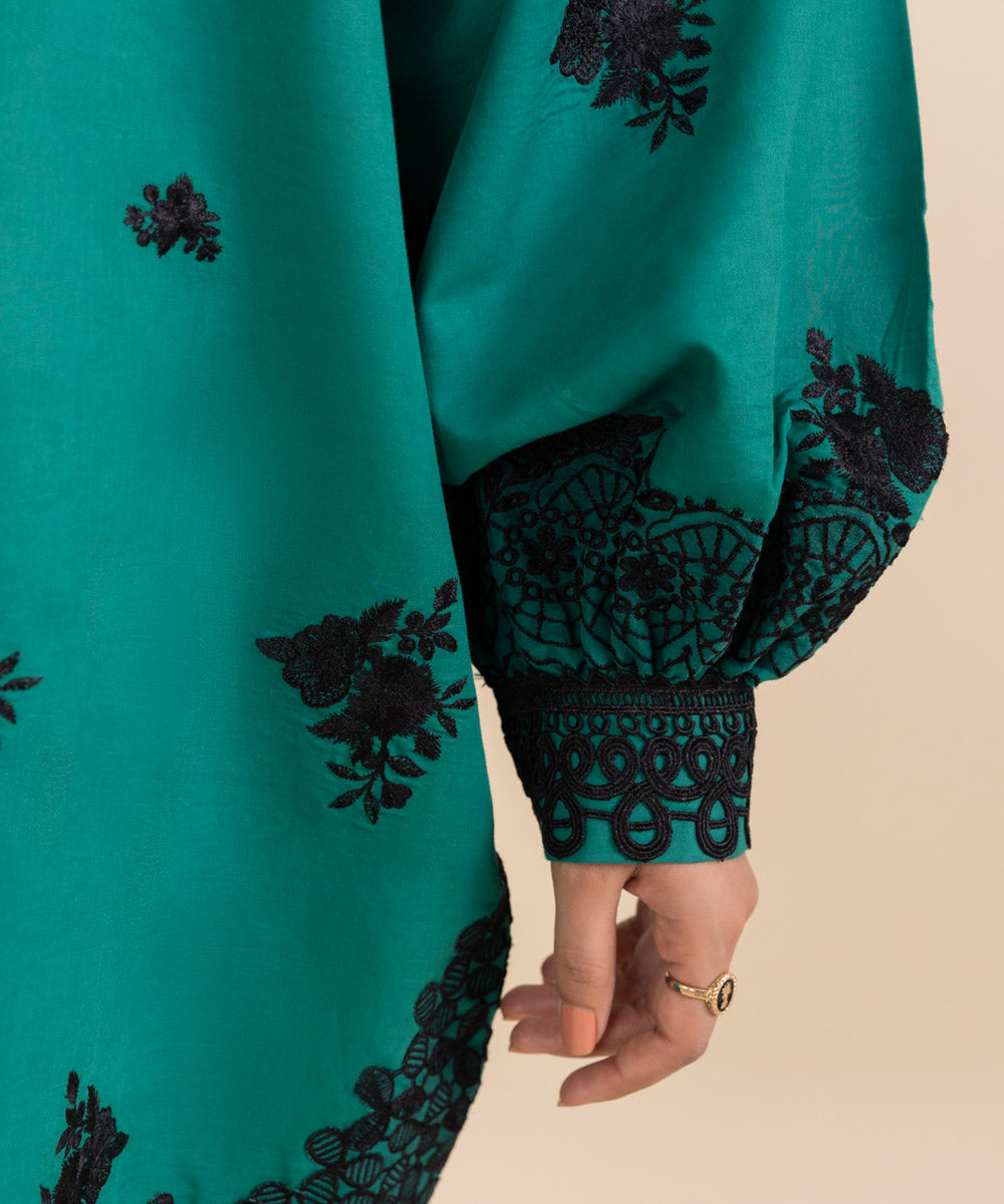 Women's Unstitched Embroidered Turquoise Fine Cotton Satin Shirt Trousers