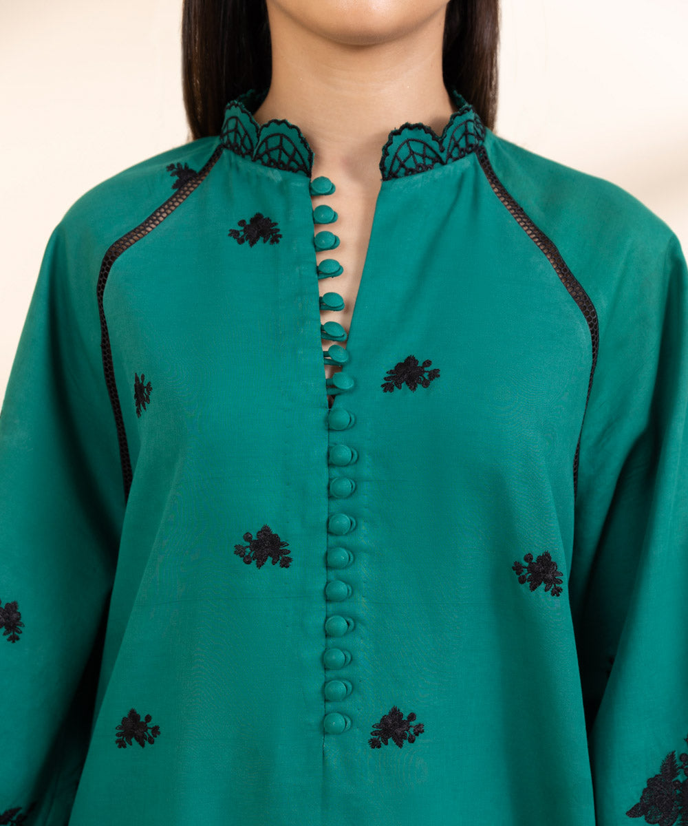 Women's Unstitched Embroidered Turquoise Fine Cotton Satin Shirt Trousers