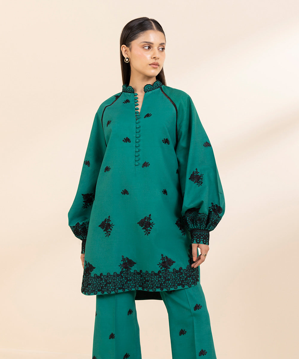 Women's Unstitched Embroidered Turquoise Fine Cotton Satin Shirt Trousers