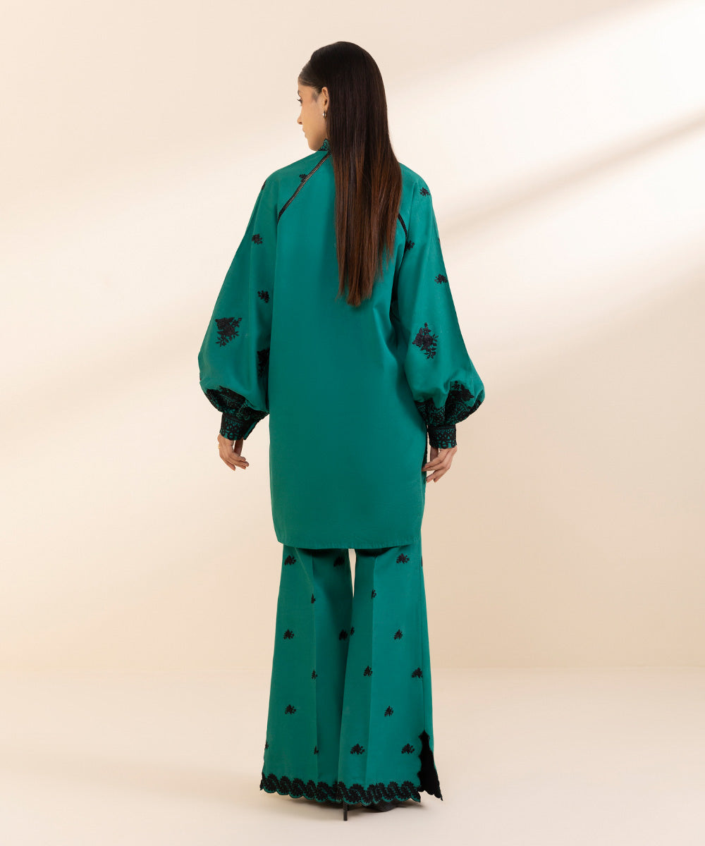 Women's Unstitched Embroidered Turquoise Fine Cotton Satin Shirt Trousers