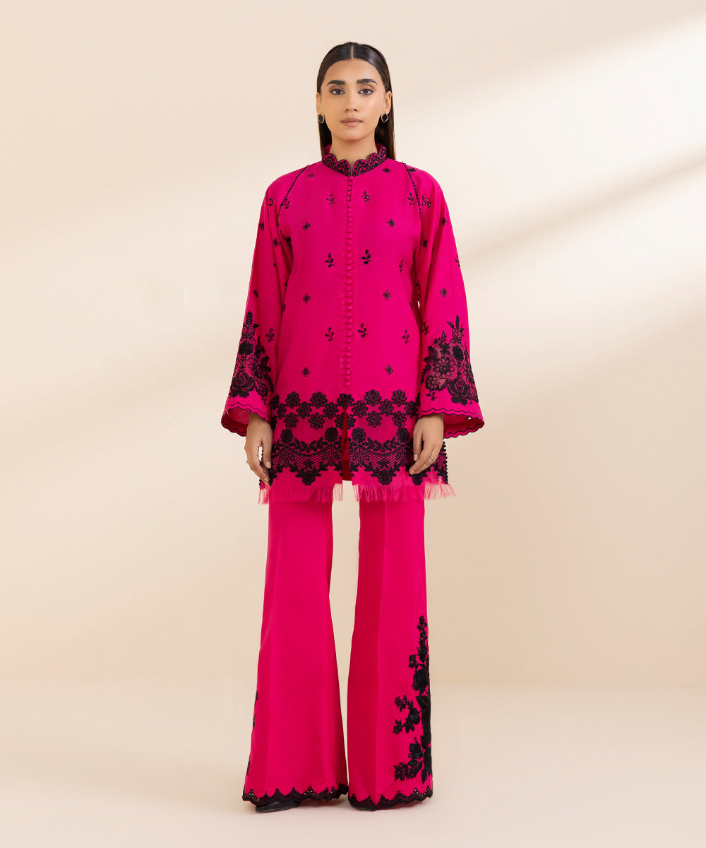 Women's Unstitched Embroidered Neon Pink Cambric Shirt Trousers