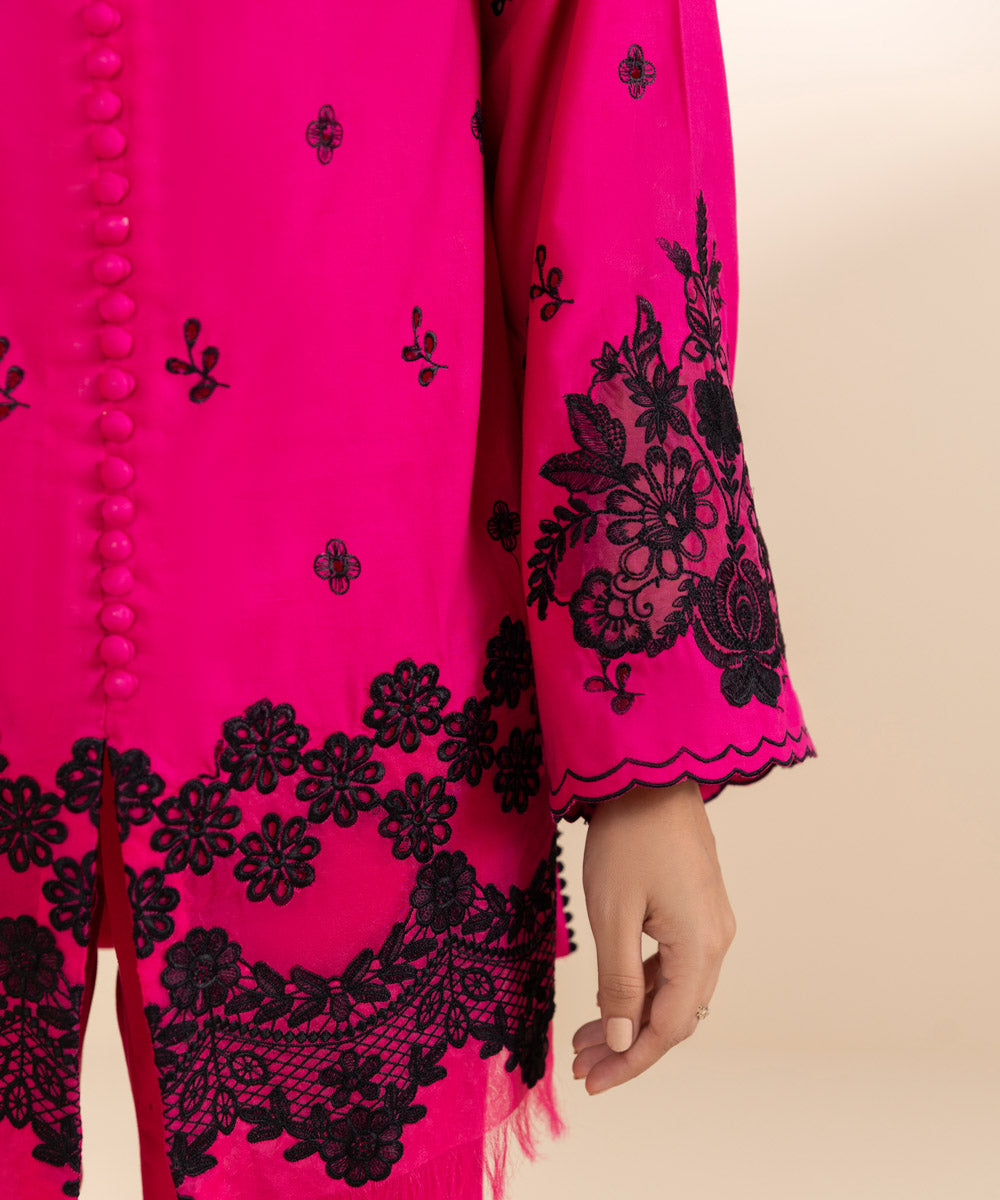 Women's Unstitched Embroidered Neon Pink Cambric Shirt Trousers