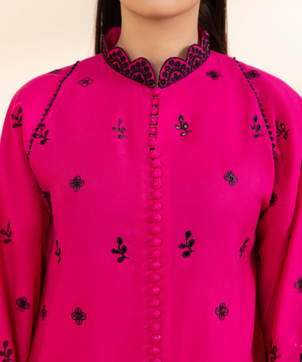 Women's Unstitched Embroidered Neon Pink Cambric Shirt Trousers