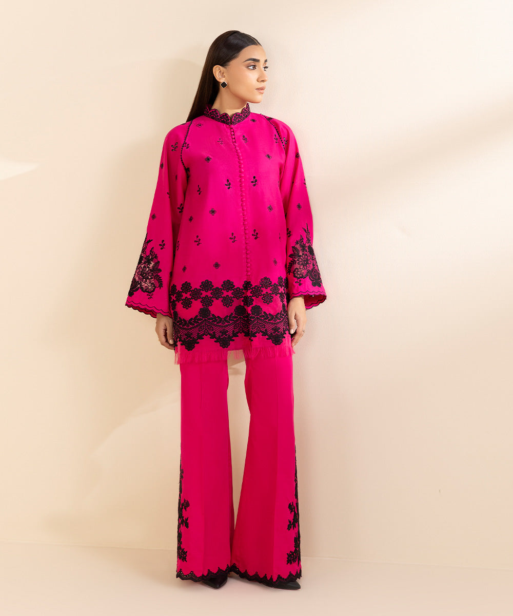 Women's Unstitched Embroidered Neon Pink Cambric Shirt Trousers