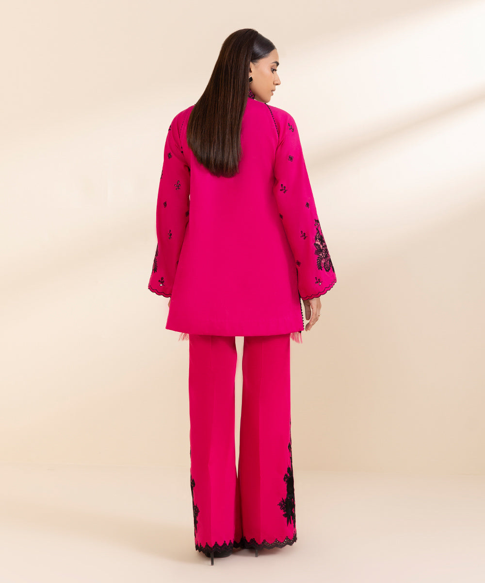 Women's Unstitched Embroidered Neon Pink Cambric Shirt Trousers