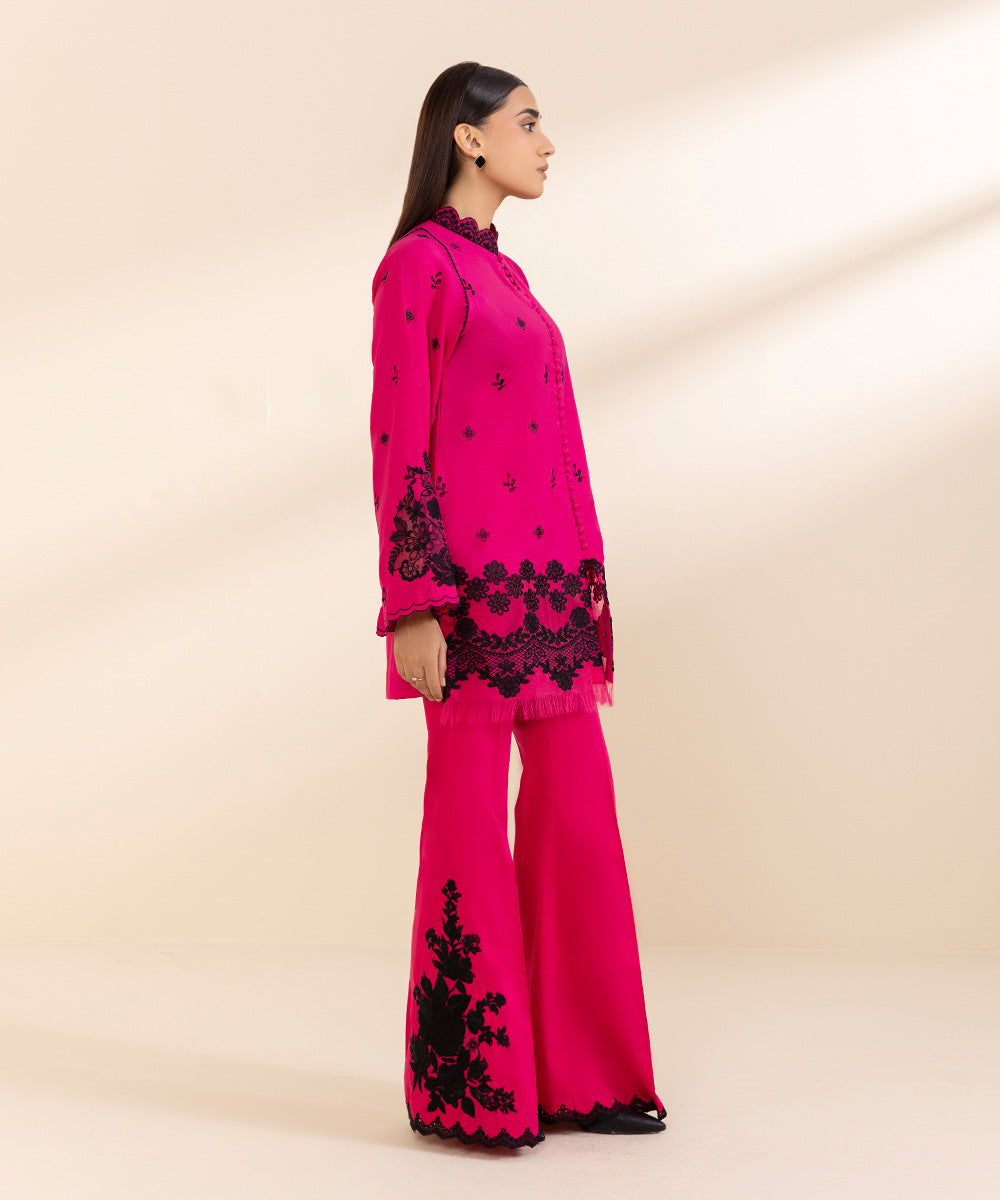 Women's Unstitched Embroidered Neon Pink Cambric Shirt Trousers